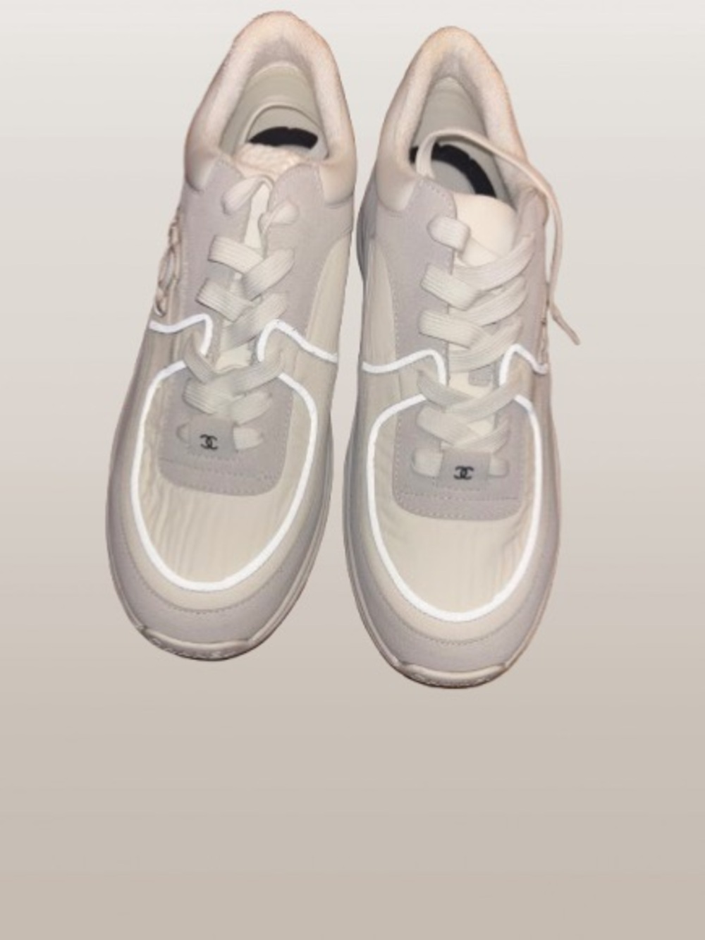 CHANEL Off-White and Light Gray Low-Top Sneakers